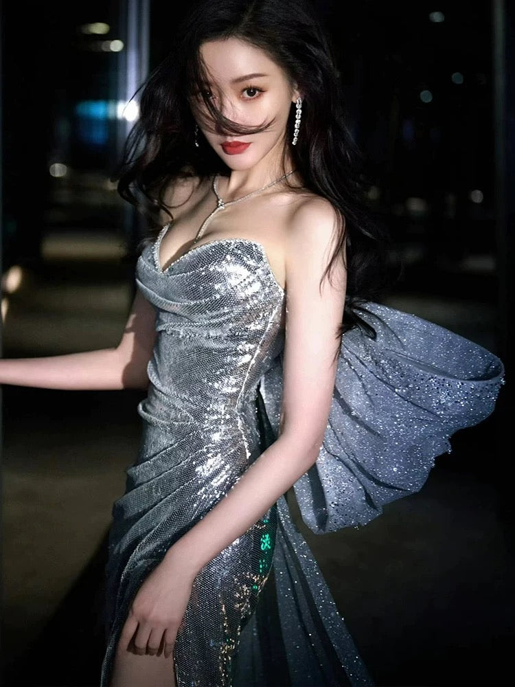 Sparkly Mermaid Sweetheart Silver Gray Sequin Date Night Outfits Semi Formal Prom Gown Evening Dresses RB5541