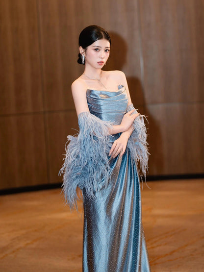 Modest Mermaid Strapless Dusty Blue Satin With Beads Date Night Evening Outfit Formal Prom Dresses RB5351