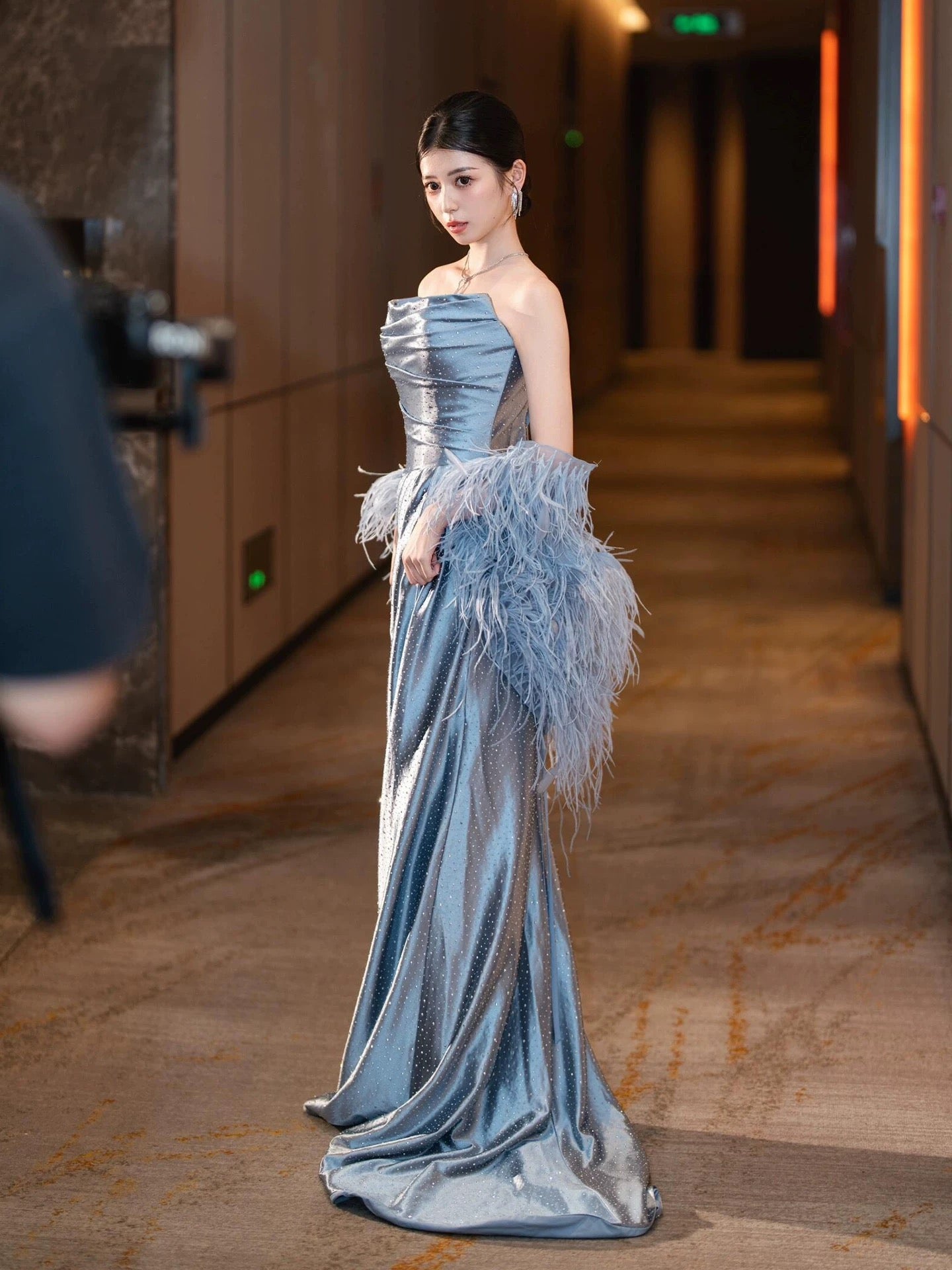 Modest Mermaid Strapless Dusty Blue Satin With Beads Date Night Evening Outfit Formal Prom Dresses RB5351