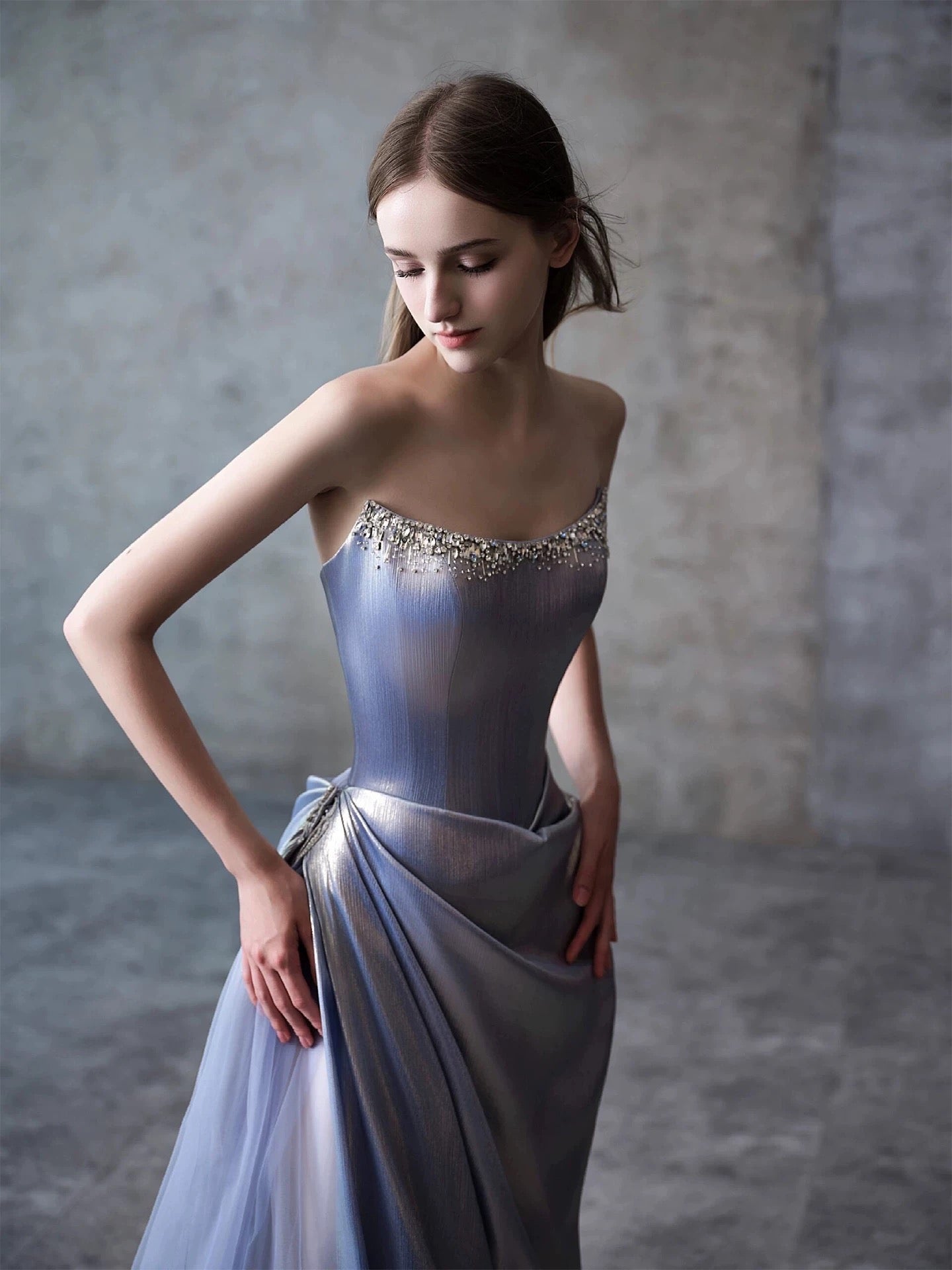 Modest Mermaid Strapless Dusty Blue Satin Tulle With Beads Date Night Evening Outfit Formal Prom Dresses RB5352
