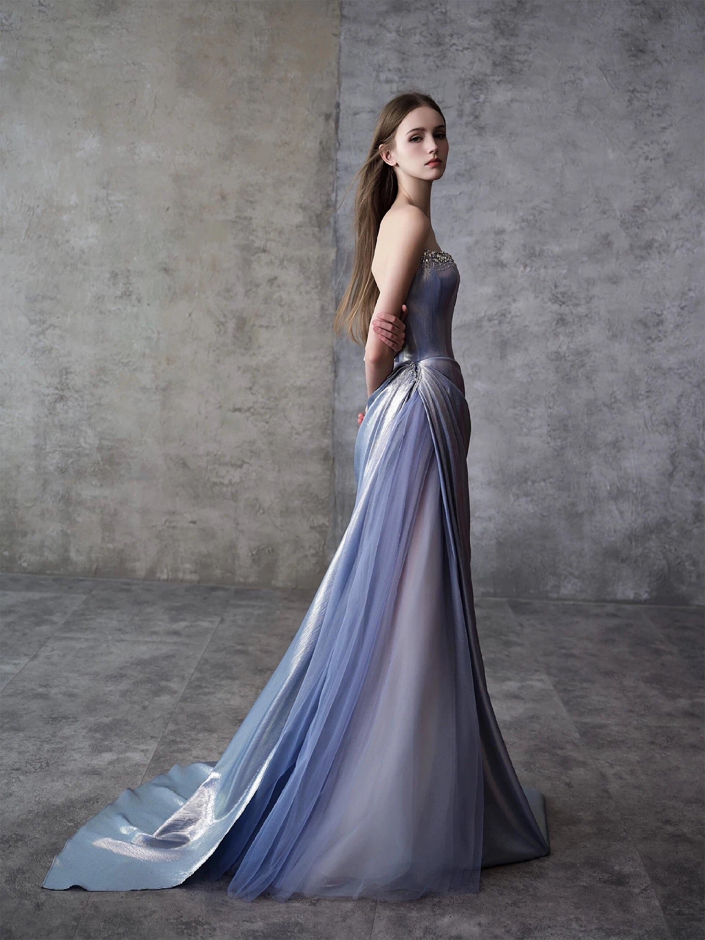 Modest Mermaid Strapless Dusty Blue Satin Tulle With Beads Date Night Evening Outfit Formal Prom Dresses RB5352