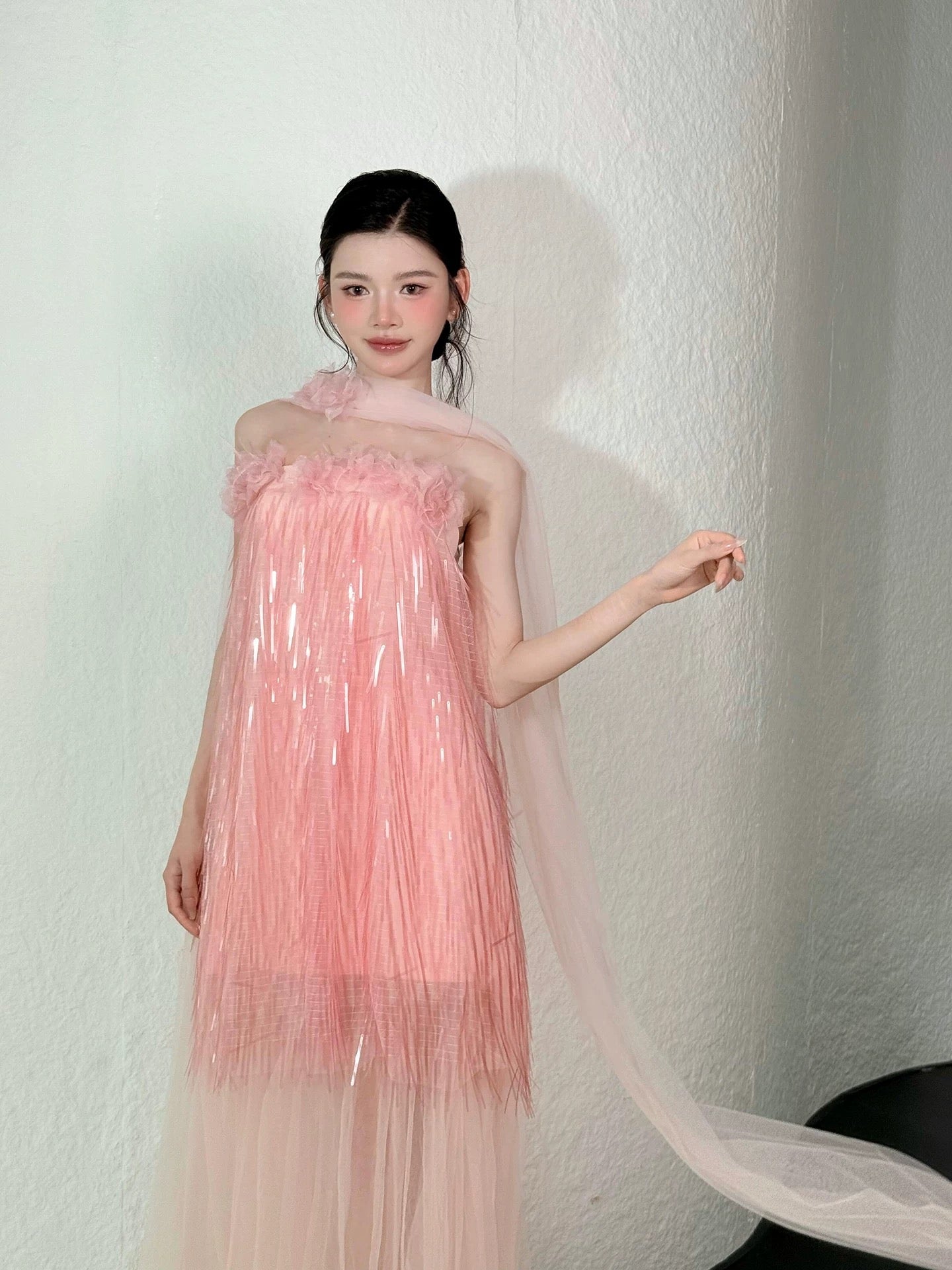 Beautiful A line Strapless Pink Sequin With Scarf Date Night Outfits Semi Formal Prom Gown Evening Dresses RB5353