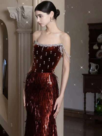 Sparkly Mermaid Strapless Burgundy Velvet With Tassel Date Night Outfits Semi Formal Prom Gown Evening Dresses RB5354