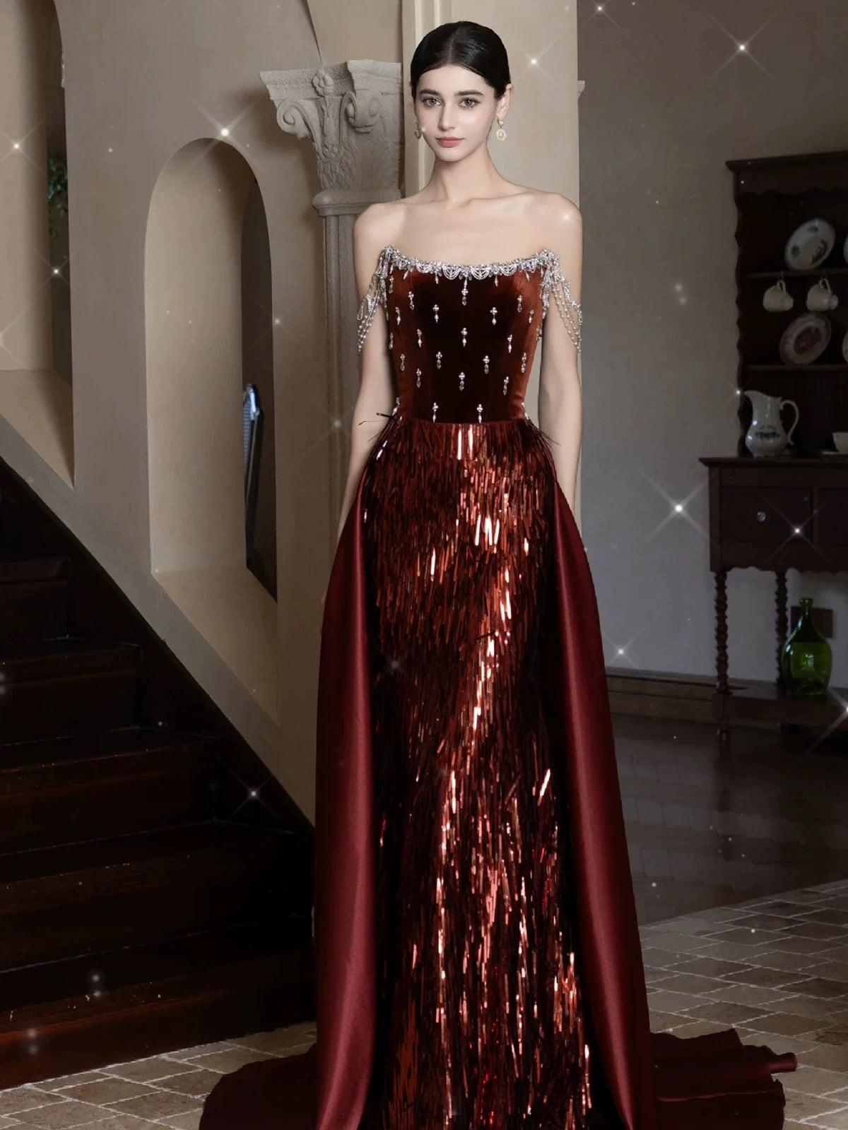 Sparkly Mermaid Strapless Burgundy Velvet With Tassel Date Night Outfits Semi Formal Prom Gown Evening Dresses RB5354