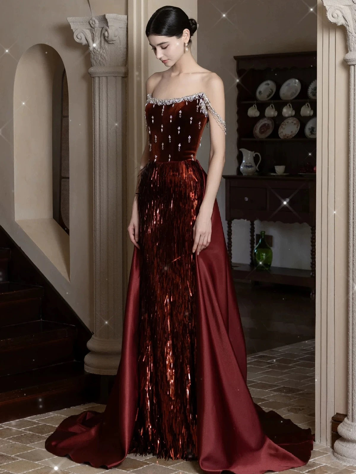 Sparkly Mermaid Strapless Burgundy Velvet With Tassel Date Night Outfits Semi Formal Prom Gown Evening Dresses RB5354