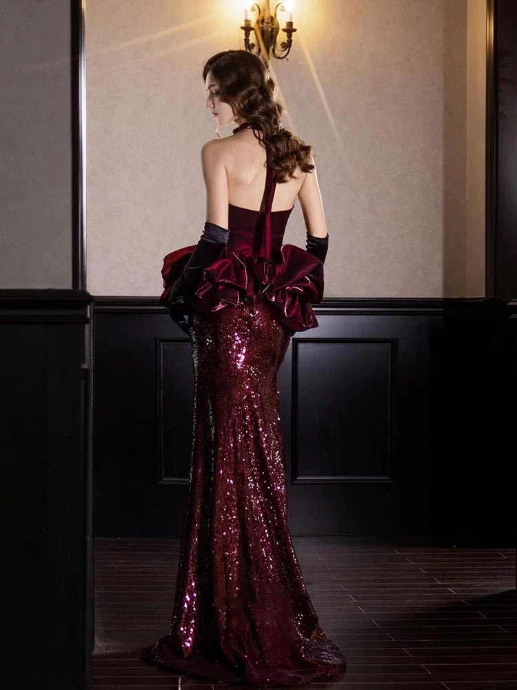 Sparkly Mermaid Sweetheart Burgundy Sequin With Gloves Date Night Outfits Semi Formal Prom Gown Evening Dresses RB5355