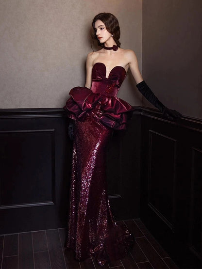 Sparkly Mermaid Sweetheart Burgundy Sequin With Gloves Date Night Outfits Semi Formal Prom Gown Evening Dresses RB5355