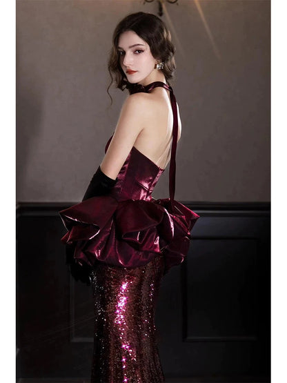 Sparkly Mermaid Sweetheart Burgundy Sequin With Gloves Date Night Outfits Semi Formal Prom Gown Evening Dresses RB5355