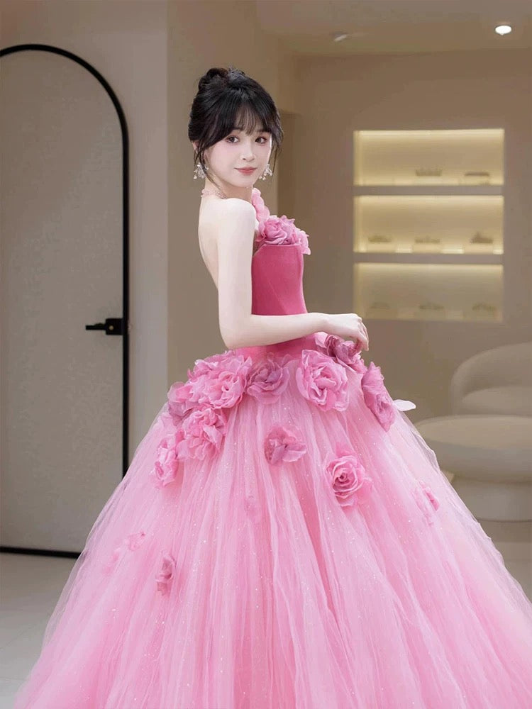 Princess Ball Gown Strapless Pink Tulle With 3D Flowers Date Night Evening Outfit Formal Prom Dresses RB5357