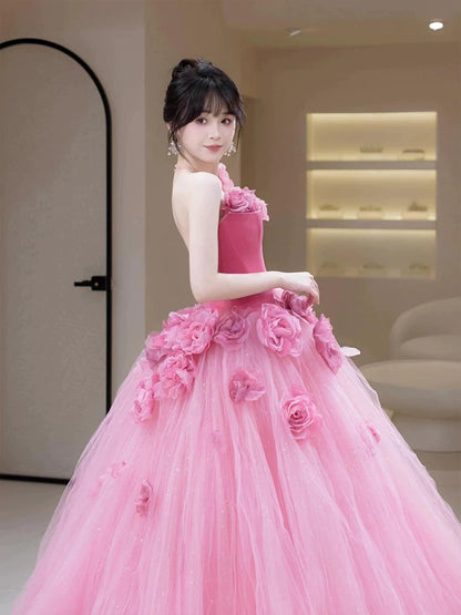 Princess Ball Gown Strapless Pink Tulle With 3D Flowers Date Night Evening Outfit Formal Prom Dresses RB5357