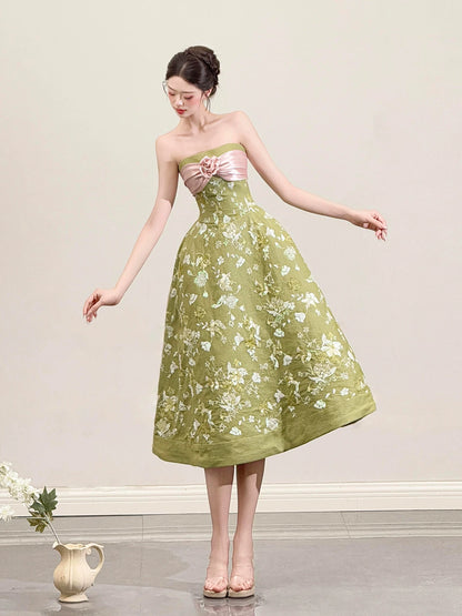 Cute A line Strapless Green Satin Date Night Outfits Semi Formal Prom Wedding Guest Dresses RB5358