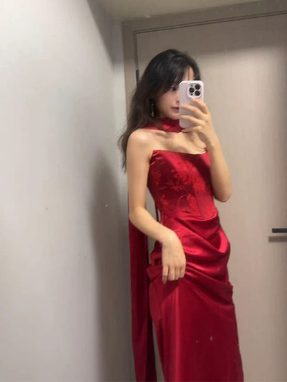 Classic Mermaid Strapless Burgundy With Ruffles Scarf Inspiration Long Wedding Party Guest Dresses N2029