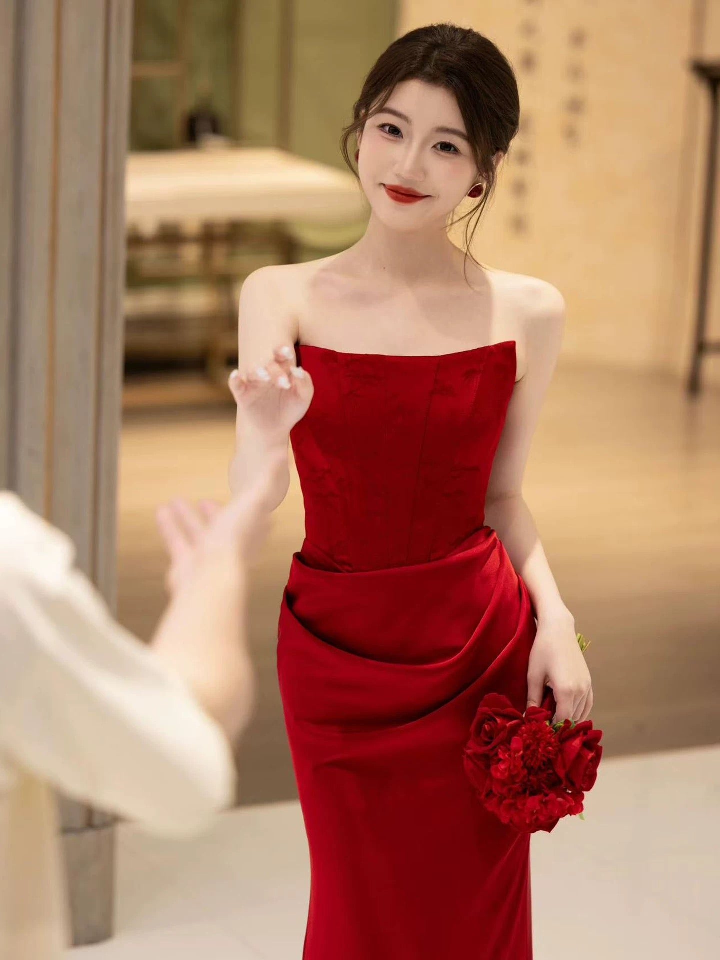 Classic Mermaid Strapless Burgundy With Ruffles Scarf Inspiration Long Wedding Party Guest Dresses N2029