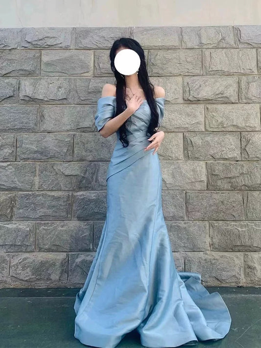 Classy Mermaid Off The Shoulder Light Sky Blue Satin Long Party Gowns Prom Dresses N2030