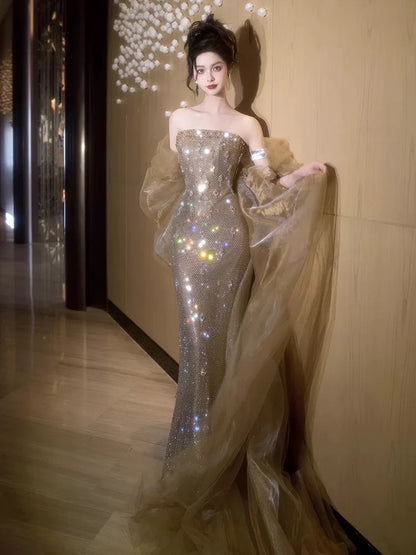 Classy Mermaid Strapless Champagne Sequins With Cape Long Party Gowns Prom Dresses N2031