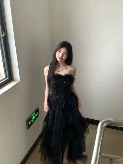 Classy A Line Sweetheart Black Tulle With Ruffles Long Party Gowns Prom Dresses N2037