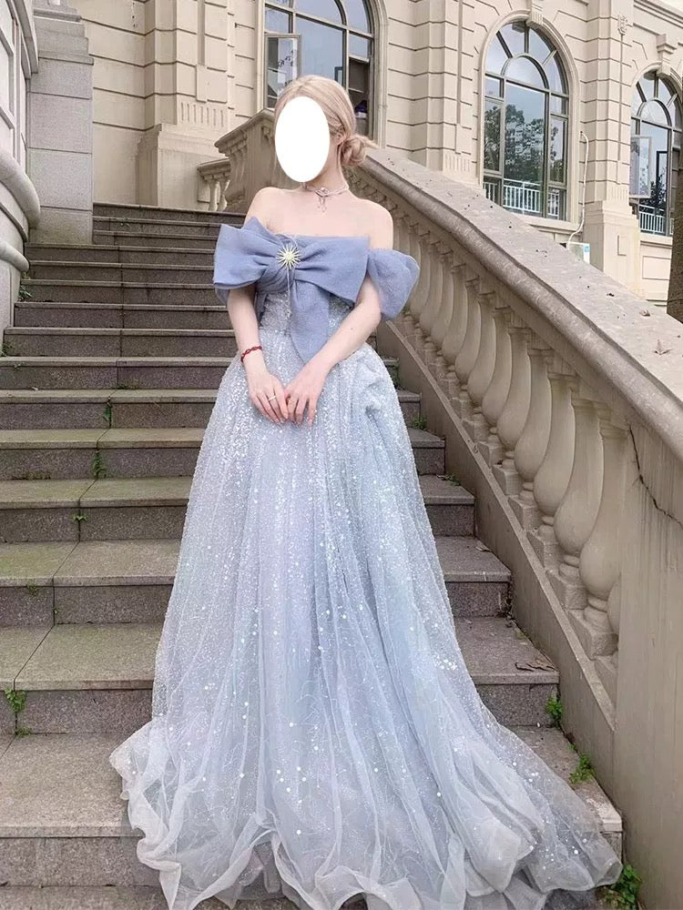 Cute Ball Gown Off The Shoulder Blue Tulle Long Party Gowns Prom Dresses N2038
