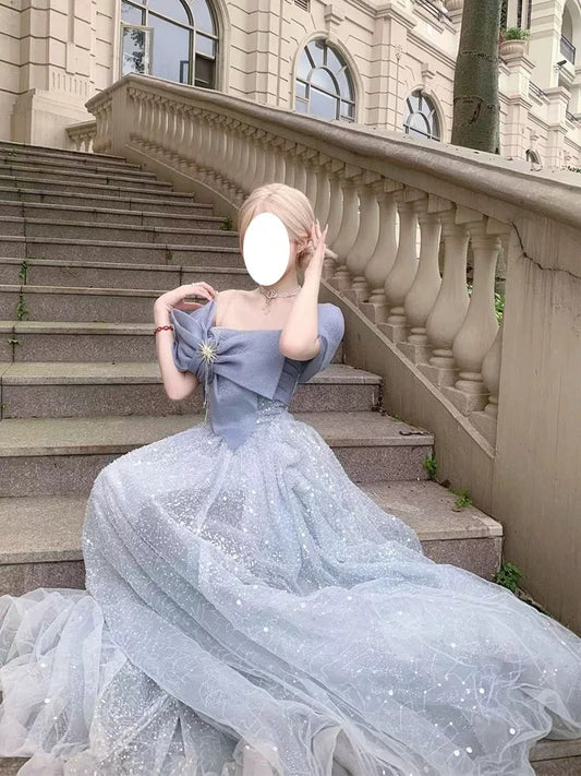 Cute Ball Gown Off The Shoulder Blue Tulle Long Party Gowns Prom Dresses N2038