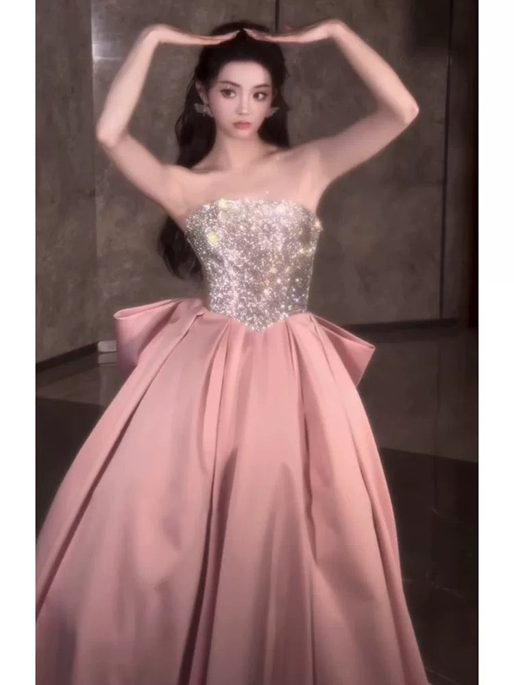 Cute Ball Gown Strapless Pink Satin Formal Long Party Gowns Prom Dresses N2041