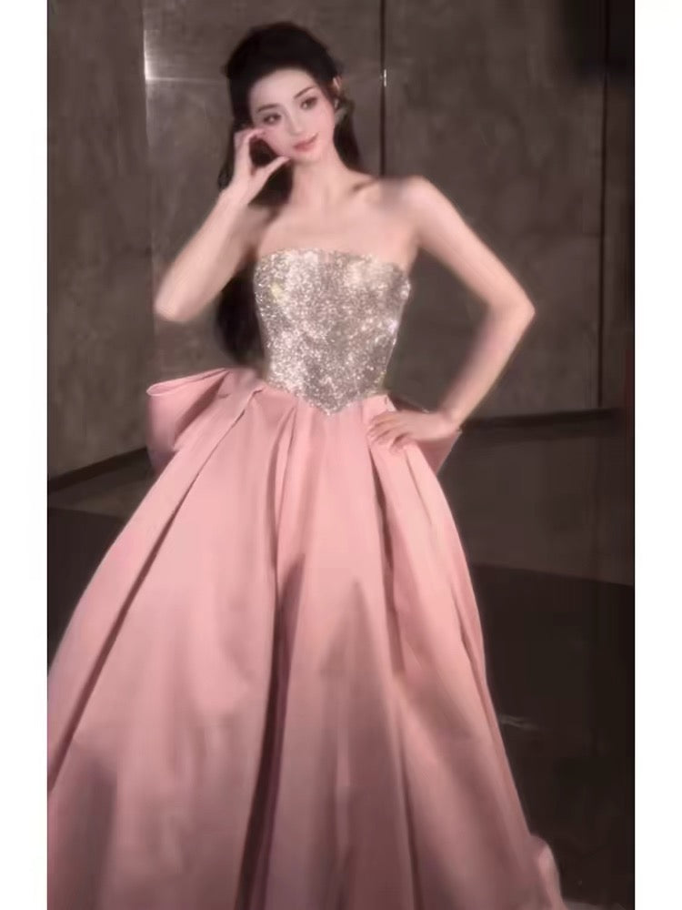 Cute Ball Gown Strapless Pink Satin Formal Long Party Gowns Prom Dresses N2041