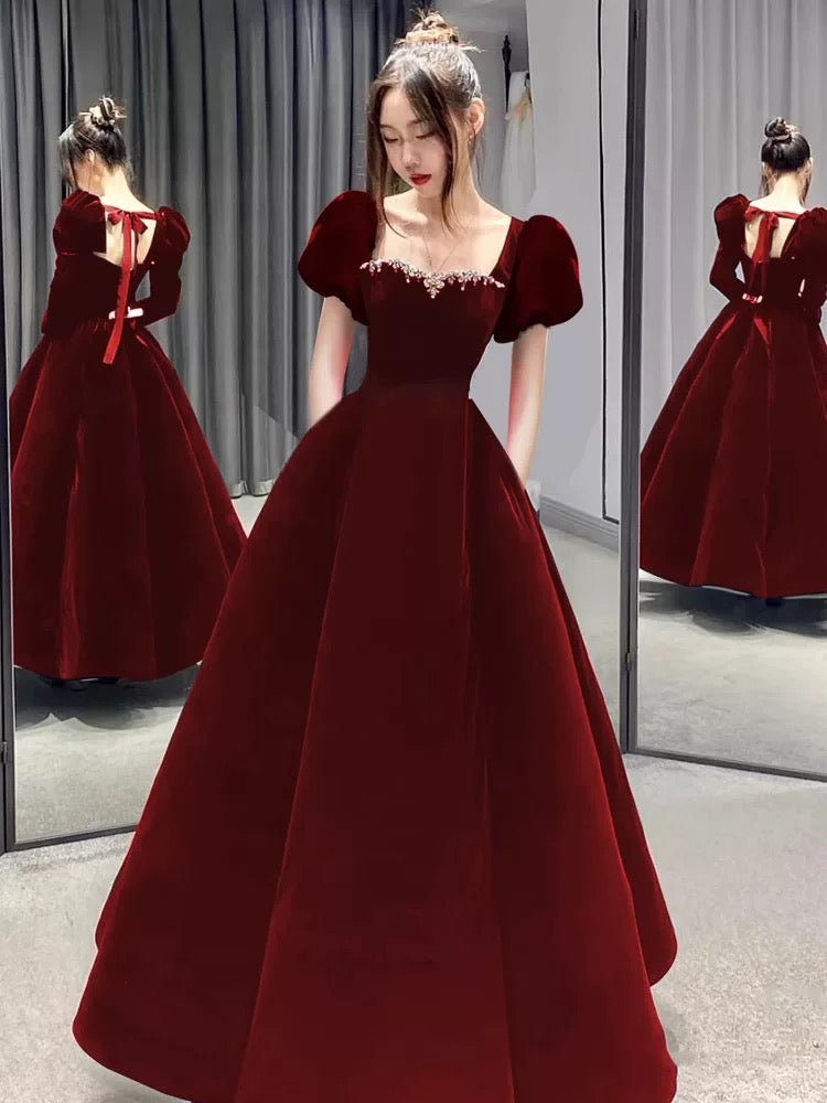 Cute Ball Gown Square Neck Burgundy Velvet Long Prom Gown Party Wear Fashion Evening Dresses N1804