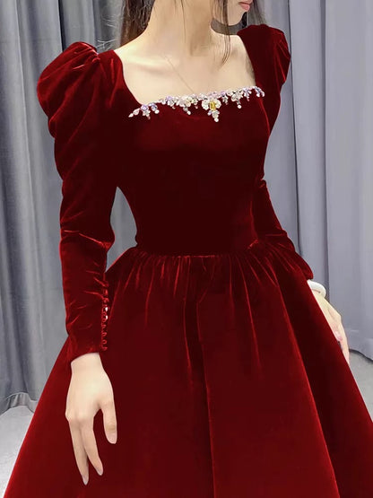 Cute Ball Gown Square Neck Burgundy Velvet Long Prom Gown Party Wear Fashion Evening Dresses N1804