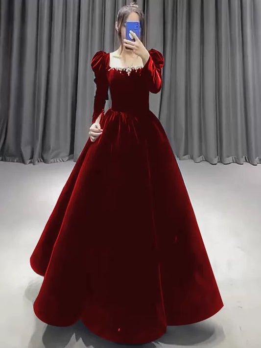 Cute Ball Gown Square Neck Burgundy Velvet Long Prom Gown Party Wear Fashion Evening Dresses N1804