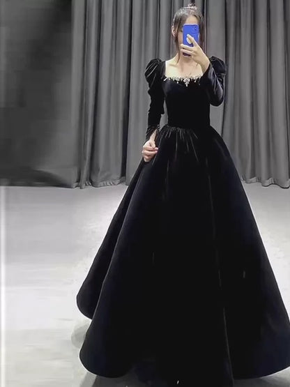 Cute Ball Gown Square Neck Burgundy Velvet Long Prom Gown Party Wear Fashion Evening Dresses N1804