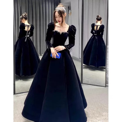 Cute Ball Gown Square Neck Burgundy Velvet Long Prom Gown Party Wear Fashion Evening Dresses N1804