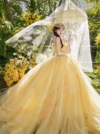 Cute Ball Gown Off The Shoulder Yellow Tulle Sweet 16 Dresses Quinceanera Dress Long 15 Vestidos De Fiesta N1805