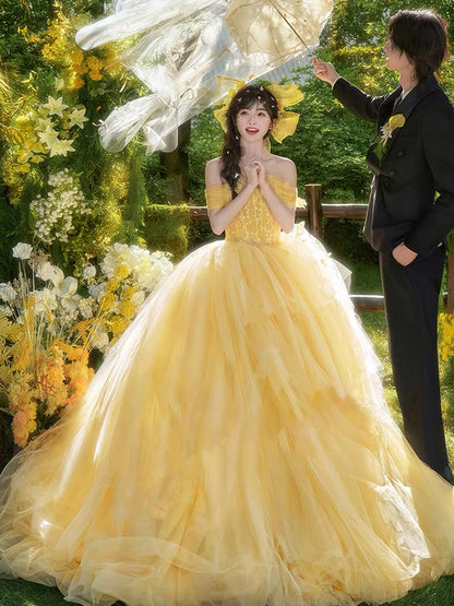 Cute Ball Gown Off The Shoulder Yellow Tulle Sweet 16 Dresses Quinceanera Dress Long 15 Vestidos De Fiesta N1805