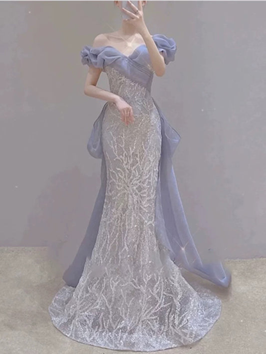 Sexy Evening Dresses Women Mermaid Off The Shoulder Lilac Sequins With Sleeves Long Prom Gown Party Wear Fashion Dresses N1811