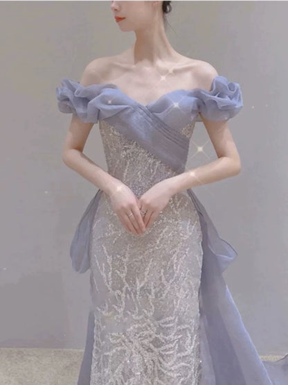 Sexy Evening Dresses Women Mermaid Off The Shoulder Lilac Sequins With Sleeves Long Prom Gown Party Wear Fashion Dresses N1811