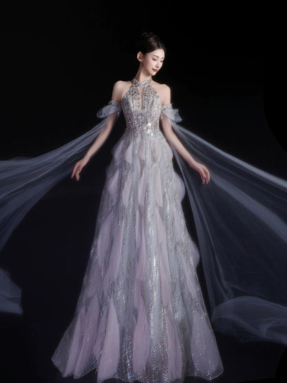 Sexy Evening Dresses Women A Line High Neck Lilac Sequins With Sleeves Long Prom Gown Party Wear Fashion Dresses N1810