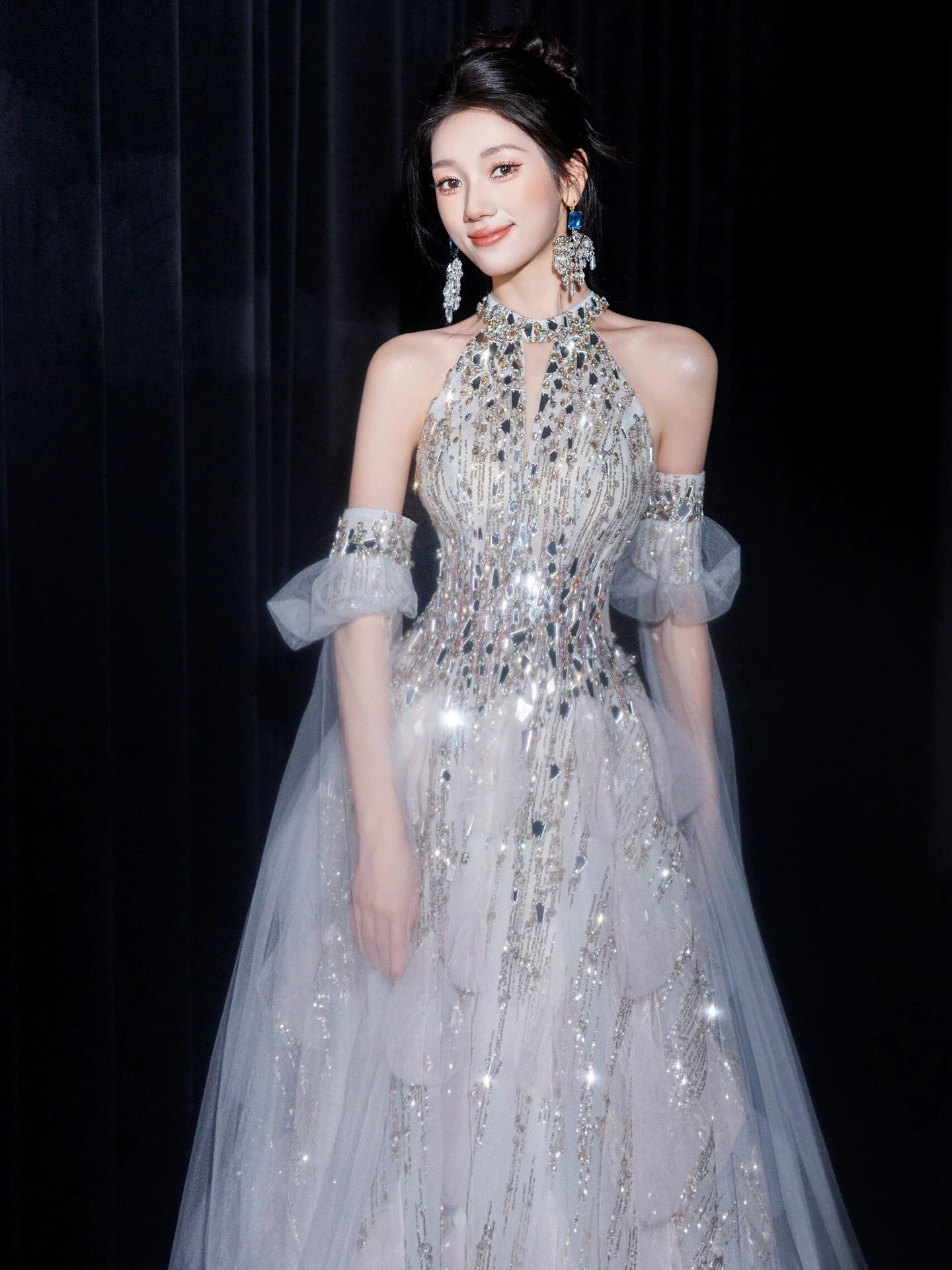 Sexy Evening Dresses Women A Line High Neck Lilac Sequins With Sleeves Long Prom Gown Party Wear Fashion Dresses N1810