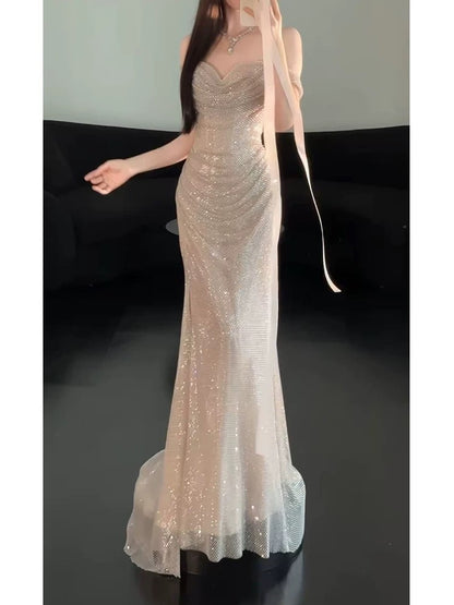 Sexy Evening Dresses Women Mermaid Off The Shoulder Champagne Sequins With Sleeves Long Prom Gown Party Wear Fashion Dresses N1814