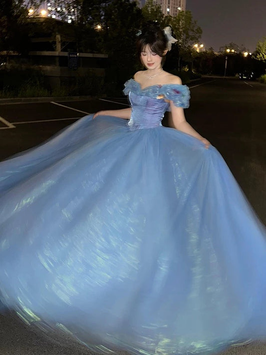 Cute Ball Gown Off The Shoulder Blue Tulle Sweet 16 Dresses Quinceanera Dress Long 15 Vestidos De Fiesta N1815