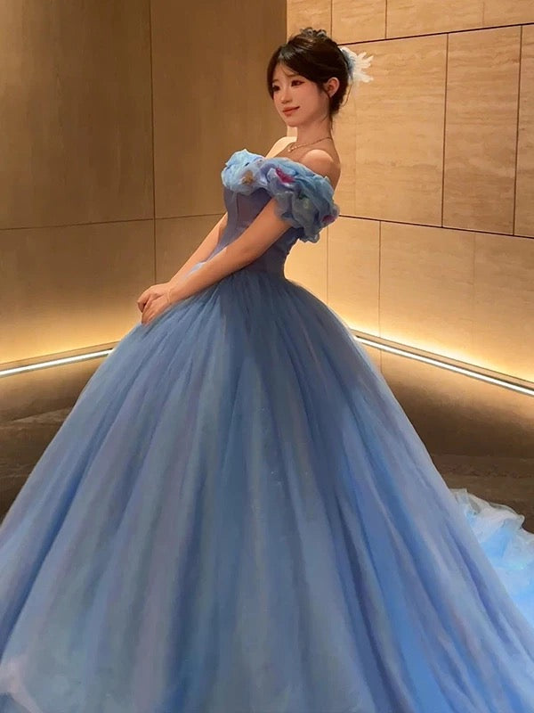 Cute Ball Gown Off The Shoulder Blue Tulle Sweet 16 Dresses Quinceanera Dress Long 15 Vestidos De Fiesta N1815