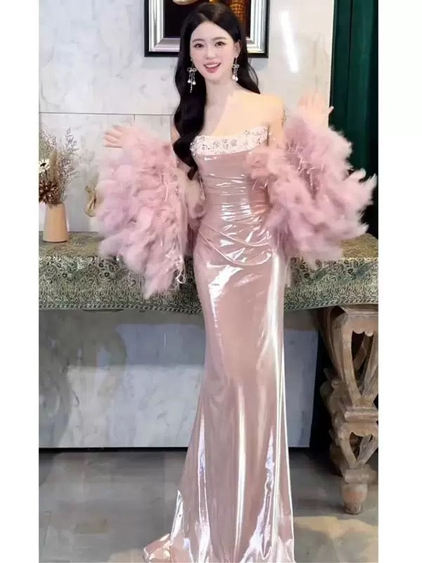 Sexy Evening Dresses Women Mermaid Spaghetti Straps Pink Long Prom Gown Party Wear Fashion Dresses N1817
