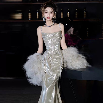 Sexy Women Mermaid Spaghetti Straps Silver Long Prom Gown Party Wear Fashion Dresses N1818