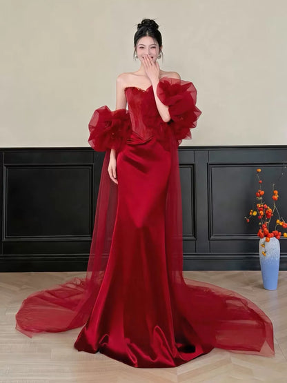 Sexy Women Mermaid Sweetheart Red Tulle Lace Long Prom Gown Party Wear Fashion Dresses N1820