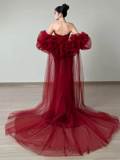 Sexy Women Mermaid Sweetheart Red Tulle Lace Long Prom Gown Party Wear Fashion Dresses N1820