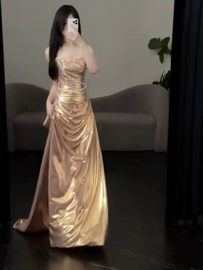 Sexy Evening Dresses Women Mermaid Strapless Gold Ruffles Long Prom Gown Party Wear Fashion Dresses N1821