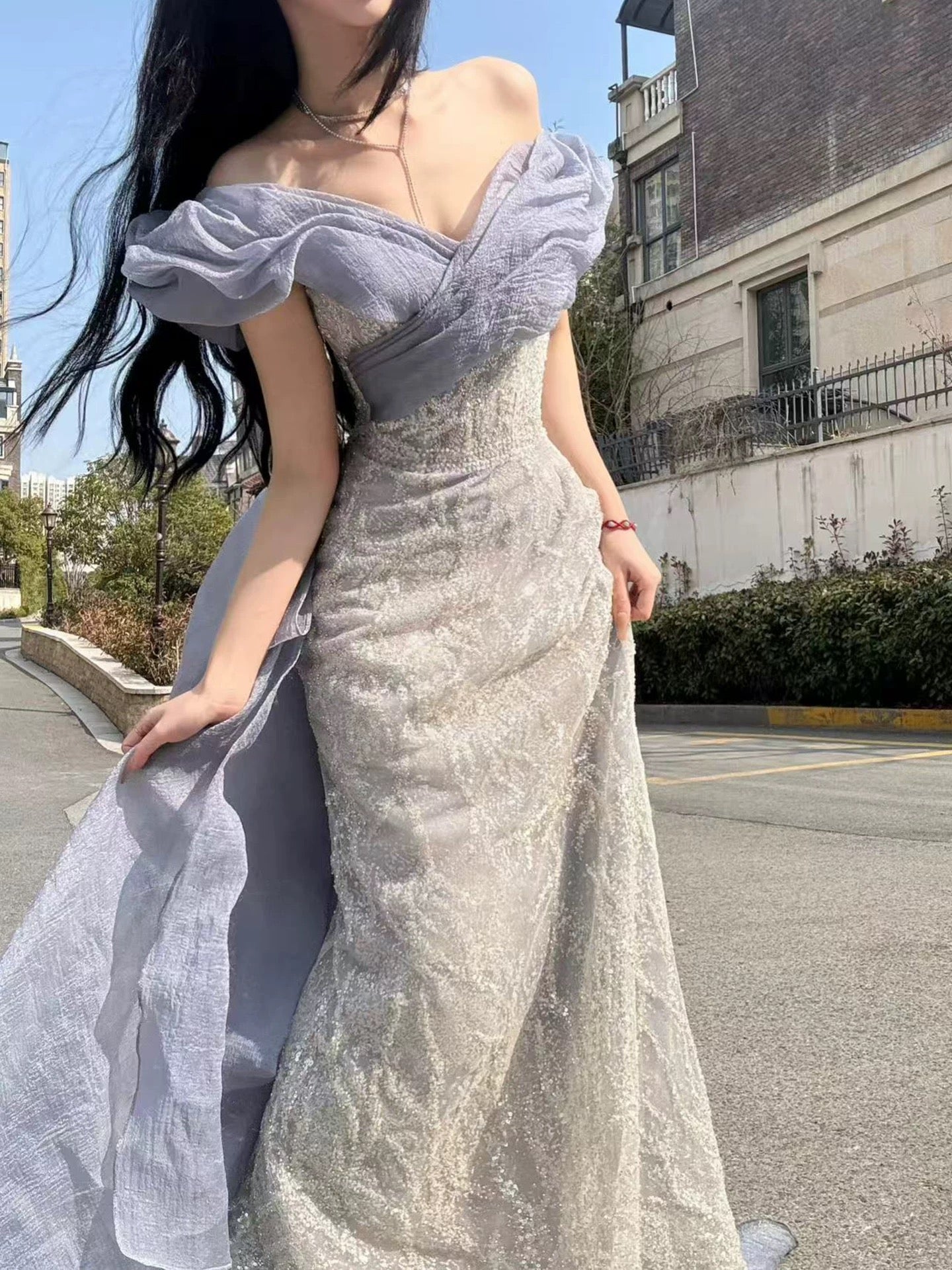 Sexy Evening Dresses Women Mermaid Off The Shoulder Lilac Sequins With Sleeves Long Prom Gown Party Wear Fashion Dresses N1811