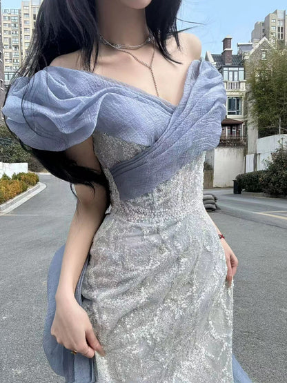 Sexy Evening Dresses Women Mermaid Off The Shoulder Lilac Sequins With Sleeves Long Prom Gown Party Wear Fashion Dresses N1811