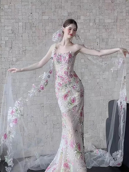 Sexy Women Mermaid Sweetheart Floral Lace Long Prom Gown Party Wear Fashion Dresses N2046