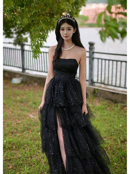 Cute Ball Gown Strapless Black Tulle Split Long Party Gowns Prom Dresses N2035