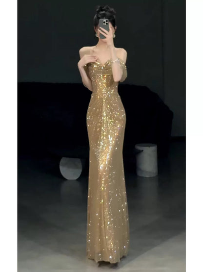 Sexy Women Mermaid Off The Shoulder Gold Sequin Long Prom Gown Party Wear Fashion Dresses N2044