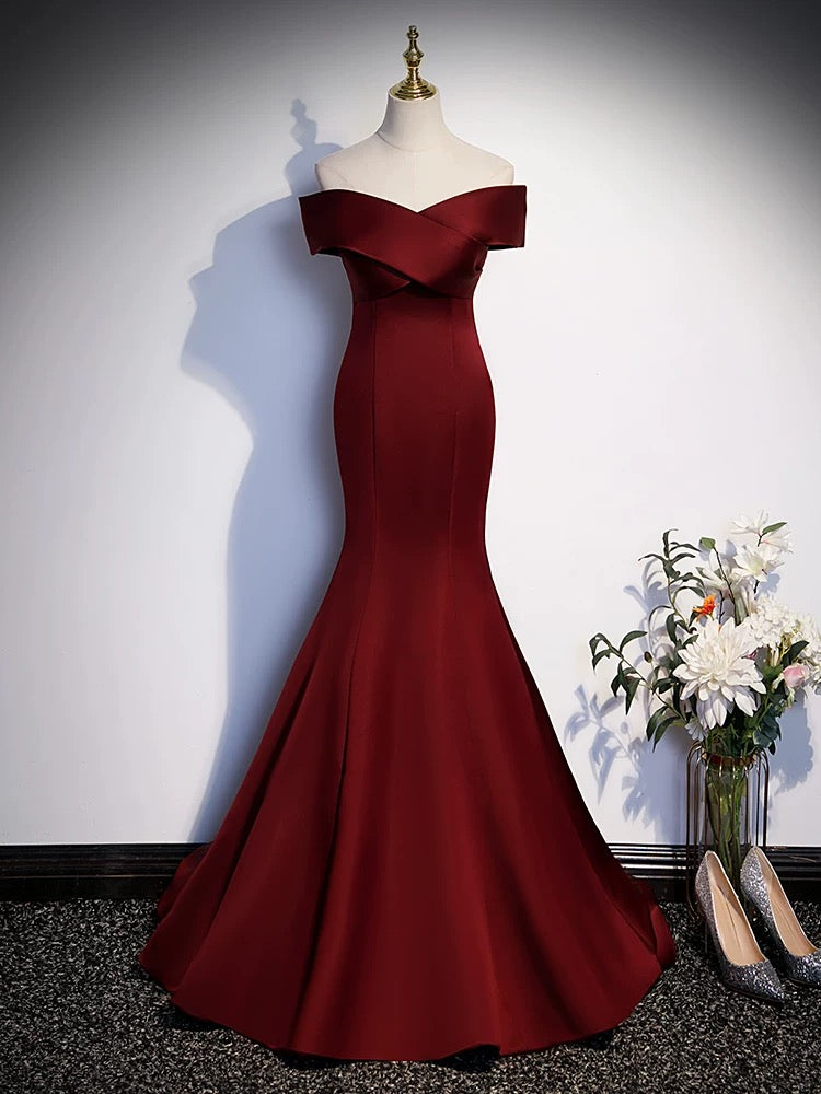Sexy Women Mermaid Off The Shoulder Burgundy Satin Long Prom Gown Party Wear Fashion Dresses N2047