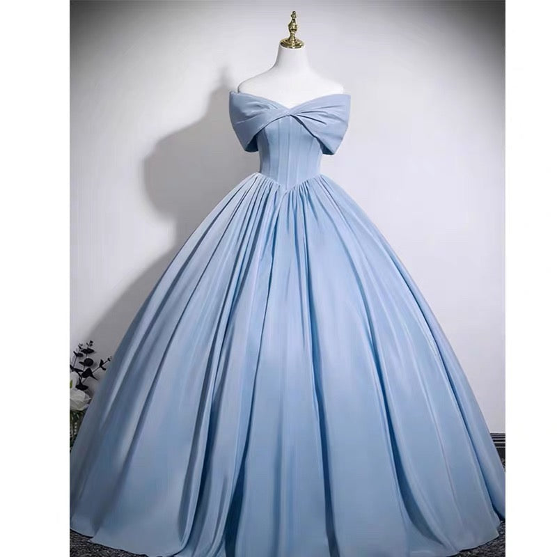 Cute Ball Gown Off The Shoulder Blue Satin Sweet 16 Dresses Quinceanera Dress N2045